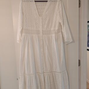 White Eyelet Button-Front Midi Dress